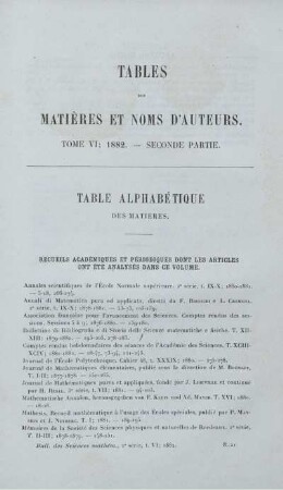 Table des Matières et Noms d'Auteurs.