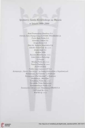 Sponsorzy Zamku Królewskiego na Wawelu w latach 1999-2000