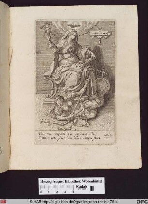 Weibliche Figur mit einem von Schlangen umwundenen Spiegel und einem aufgeschlagenen Buch als Personifikation der Weisheit, am Boden eine liegende Frau mit verbundenen Augen.