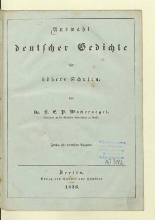 Auswahl deutscher Gedichte für höhere Schulen,