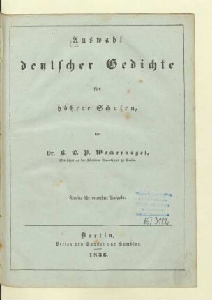 Auswahl deutscher Gedichte für höhere Schulen,
