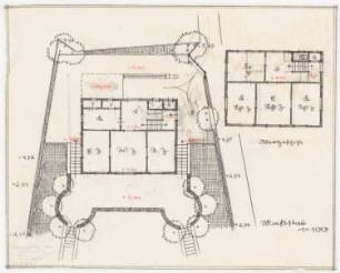 Parzelle 17 im »Luxusbad Groß-Glienicke«, Berlin-Spandau: Garten (östlicher Teil): Grundriss-Variante 4 mit Erdgeschoss-Grundriss des Wohnhauses, Grundriss des Obergeschosses 1:100