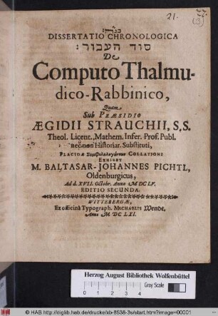 Dissertatio Chronologica [...] De Computo Thalmudico-Rabbinico