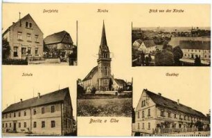 Boritz. Dorfplatz, Kirche, Schule und Gasthof