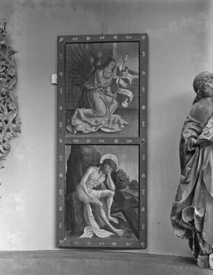 Altarflügel, Rückseite: Engel der Verkündigung und Christus in der Rast