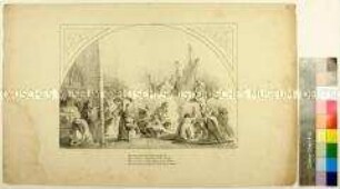 Karikatur auf die Ausstellung des heiligen Rockes in Trier 1844 und das Geldscheffeln der Mönche