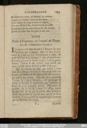 CLXVII. Trait d'Eloquence; de l'emploi du Temps. Par Mr. le Chancelier D'Aguesseau.