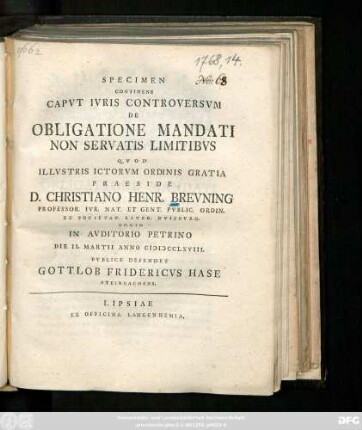 Specimen Continens Capvt Ivris Controversvm De Obligatione Mandati Non Servatis Limitibvs