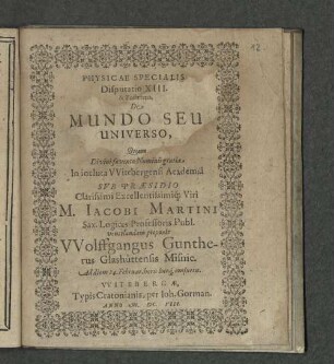 Physicae Specialis Disputatio XIII. De Mundo Seu Universo