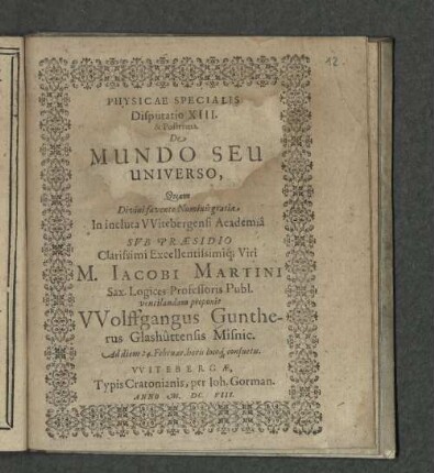 Physicae Specialis Disputatio XIII. De Mundo Seu Universo