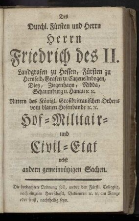 Hof- Militair- und Civil-Etat nebst andern gemeinnuetzigen Sachen