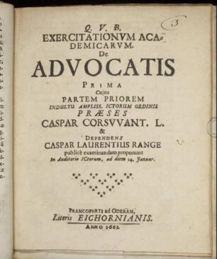 Exercitationum Academicarum De Advocatis Prima