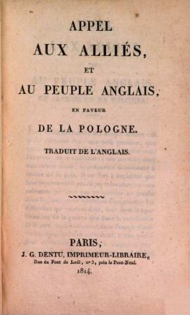 Appel aux Alliés, et au peuple anglais, en faveur de la Pologne