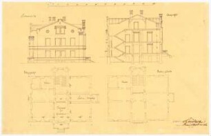 Wohnhaus: Grundriss Erdgeschoss, 1. Obergeschoss, Aufriss, Schnitt, Maßstabsleiste