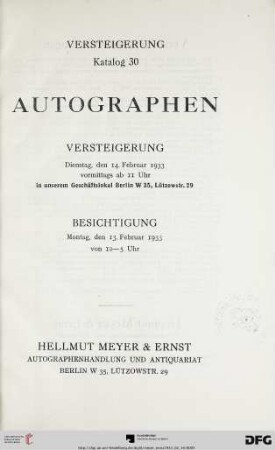 Autographen : Versteigerung 14. Februar 1933 (Katalog Nr. 30)