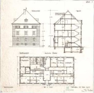 Fischer, Theodor; Schweinfurt (Bayern); Basaltwerke, Verwaltungs-Gebäude - Sockelgeschoss (Grundriss); Ansicht; Schnitt