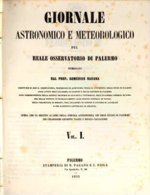 Giornale astronomico e meteorologico del Reale Osservatorio di Palermo, 1. 1855