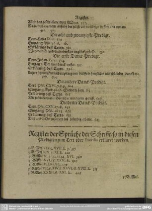 Register der Sprüche der Schrifft, so in diesen Predigten zum Text oder Exordio erkläret werden