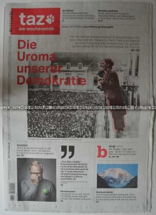 Wochenzeitung "taz. am wochenende" mit Titel zum 100-jährigen Bestehen des Frauenwahlrechts und Portrait der Frauenrechtlerin Marie Juchacz