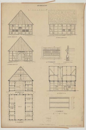 Hiddensen bei Eschenbruch (Kreis Detmold): Hof Winkemeier. - Leibzucht (Grundriss, Nordansicht, Südansicht, Westansichht, Schnitte). - Tellerbertt in der Leibzucht (Ansichten). - Pferdekrippe (Ansicht, Schnitt)