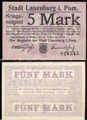 Lauenburg in Pommern, Notgeld, 5 Mark