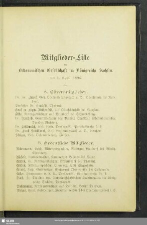 Mitglieder-Liste der Oekonomischen Gesellschaft im Königreiche Sachsen am 1. April 1896