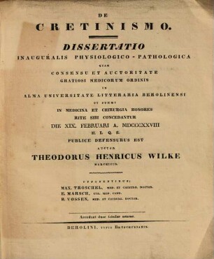 De Cretinismo : Dissertatio Inauguralis Physiologico-Pathologica