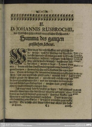 II. D. Johannis Rusbrochii, des Göttlichen Lehrers und vortrefflichen Beschauers, Summa des gantzen geistlichen Lebnes