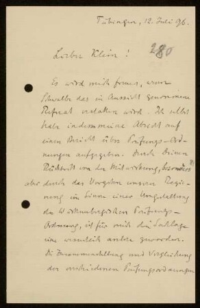 Nr. 280 Brief von Alexander von Brill an Felix Klein. Tübingen, 12.7.1896