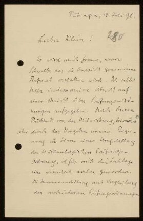 Nr. 280 Brief von Alexander von Brill an Felix Klein. Tübingen, 12.7.1896