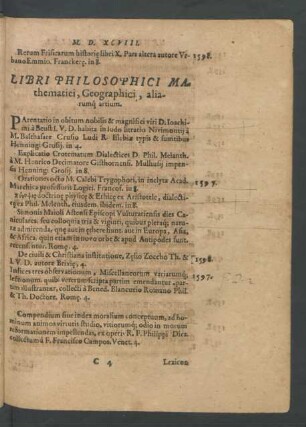 Libri Philosophici Mathematici, Geographici, aliarumque artium.