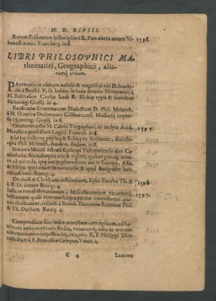 Libri Philosophici Mathematici, Geographici, aliarumque artium.