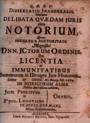 Dissertatio Inauguralis, Continens Delibata Quædam Iuris circa Notorium