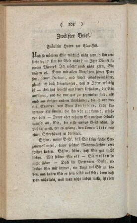 Zwölfter Brief. Fräulein Howe an Clarissen. - Funfzehnter Brief. Fräulein Howe an Clarissen.