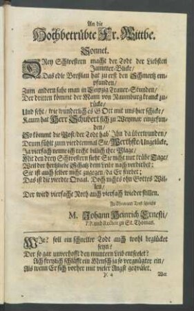 An die hochbetrübte Fr. Wittbe.