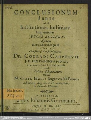 2: Conclusionum Iuris Ad Institutiones Iustiniani Imperatoris Decas ...