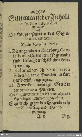 Summarischer Inhalt dieses Augenscheinlichen Beweises, auff Die Haupt-Puncten des Gegenberichts, gerichtet ...