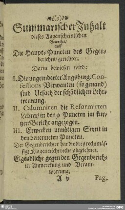 Summarischer Inhalt dieses Augenscheinlichen Beweises, auff Die Haupt-Puncten des Gegenberichts, gerichtet ...