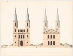 Kirche mit zwei Türmen: Ansicht Stirnseite und Apsisseite