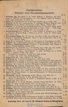 Catalog Nr. ... des antiquarischen Bücherlagers von L. M. Glogau Sohn in Hamburg : [Ab Nr. 34 auch m. d. Tit.:] Des Hamburger Antiquar, 43