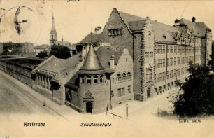 Postkartenalbum August Schweinfurth mit Karlsruher Motiven. "Karlsruhe - Schillerschule"