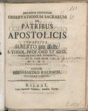 Decadem Secundam Observationum Sacrarum Ex Patribus Apostolicis