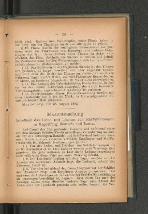 Bekanntmachung betreffend das Laden und Löschen von Schiffsfahrzeugen in Magdeburg, Neustadt und Buckau