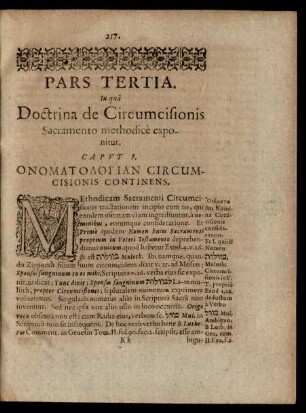Pars Tertia. In qua Doctrina de Circumcisionis Sacramento methodice exponitur.