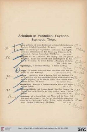 Arbeiten in Porzellan, Fayence, Steingut, Thon (Nr. 1-81)
