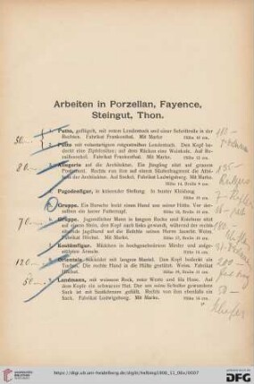 Arbeiten in Porzellan, Fayence, Steingut, Thon (Nr. 1-81)