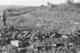 Zweiter Weltkrieg. Frontbilder. Sowjetunion. Angehöriger der deutschen Wehrmacht neben Trümmern (wohl eines Versorgungstransportes)