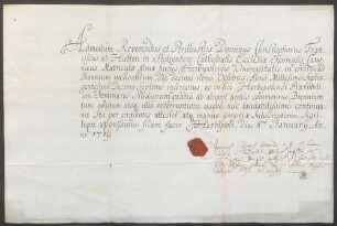 Zeugnisse über Studien des Franz Christoph von Hutten zum Stolzenberg zu Würzburg und Rom.