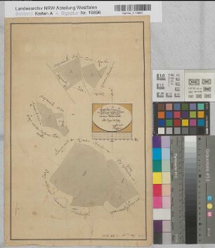 Hahlen (Minden) Holzhausen (Hille) Forstbezirke Hahlen und Holzhäuser Tannen Geometrischer Grundriß der Hahlen und Holzhäuser Tannen unter dem Amte Petershagen 1801 100 Ruten = 7,5 cm 40,5 x 25 kol. Zeichnung G. Erdmann KS Minden B Nr. 972