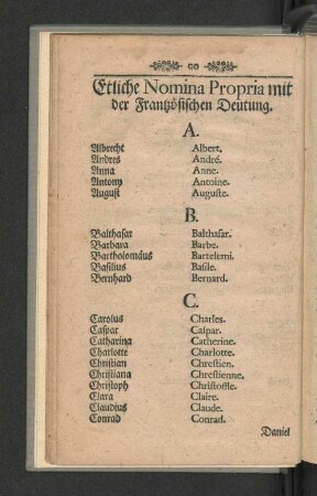 Etliche Nomina Propria mit der Frantzösischen Deutung.